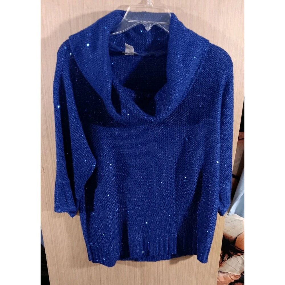 Chicos Sz 1/M Ladies Cowl Neck Sweater Blue Sequined 3/4 Sleeves Knit‎